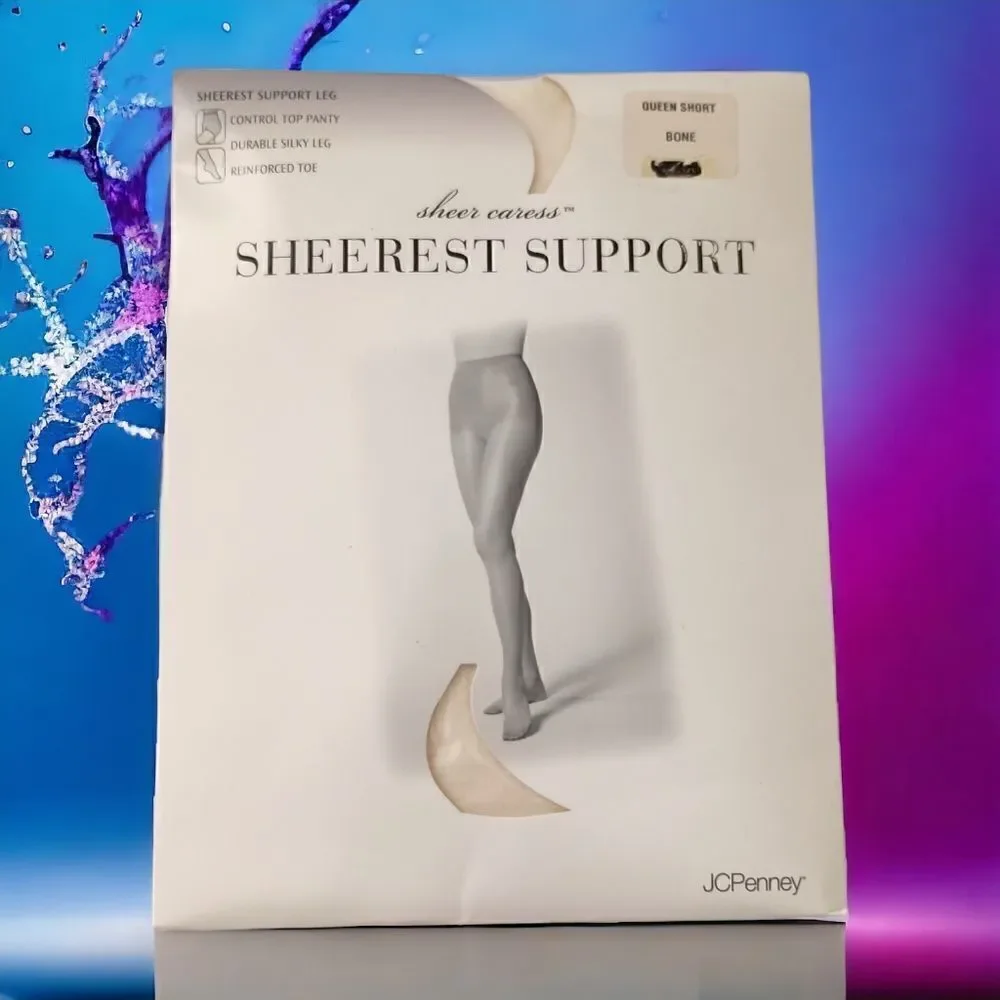 JCPenney Sheer Caress Pantyhose Stockings Sheerest Support Queen Short Bone NEW.